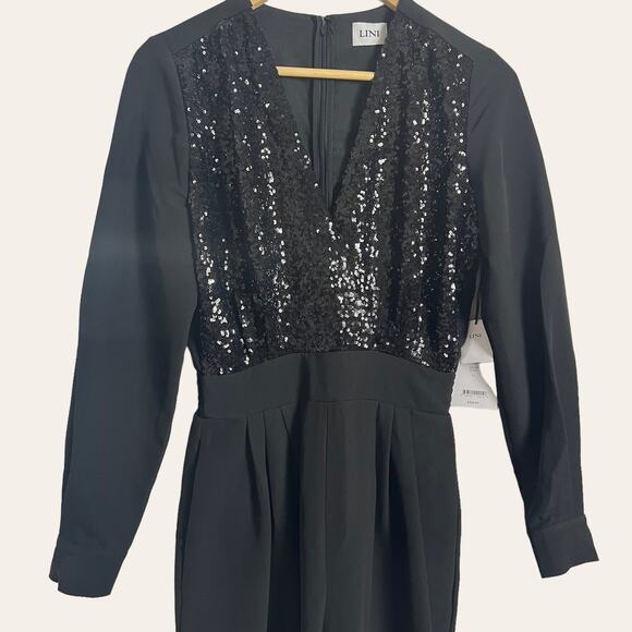 LINI NEW Black Stella Sequin Faux Wrap Surplice Jumpsuit Size XS - Picture 4 of 12